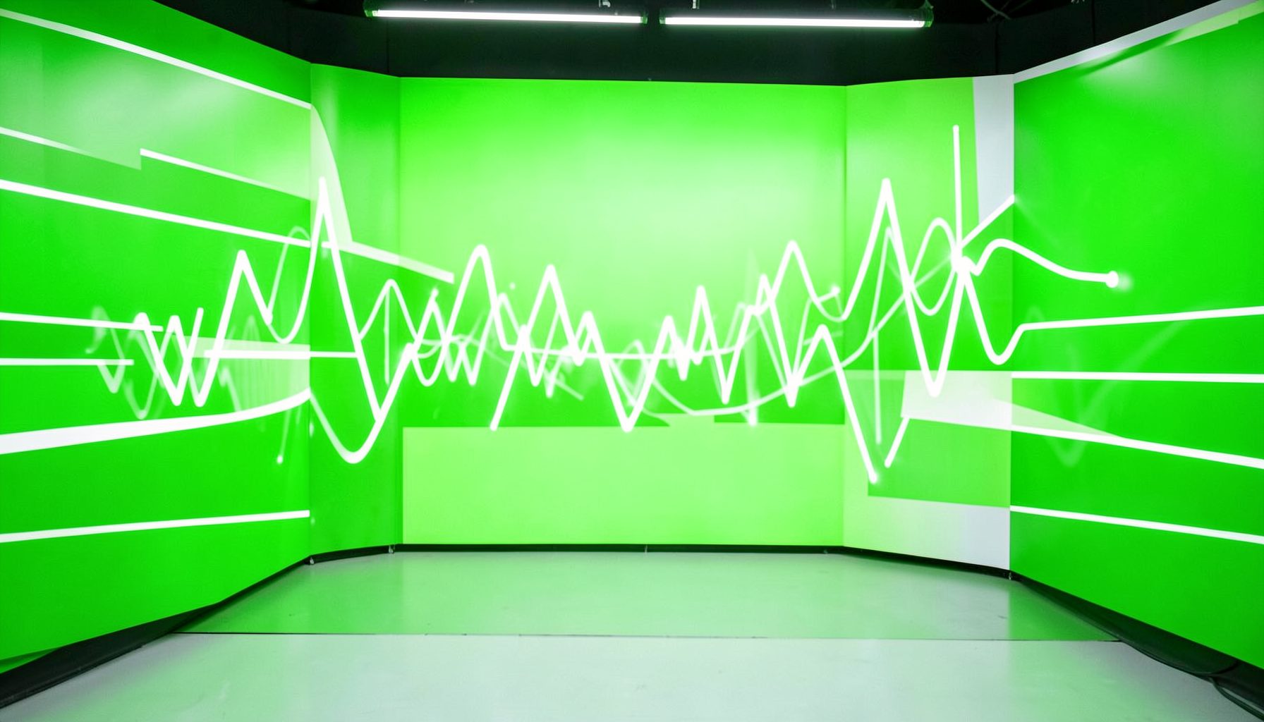 A bright green and white radio station studio backdrop with a lively, upbeat mood, suggesting sound waves and community