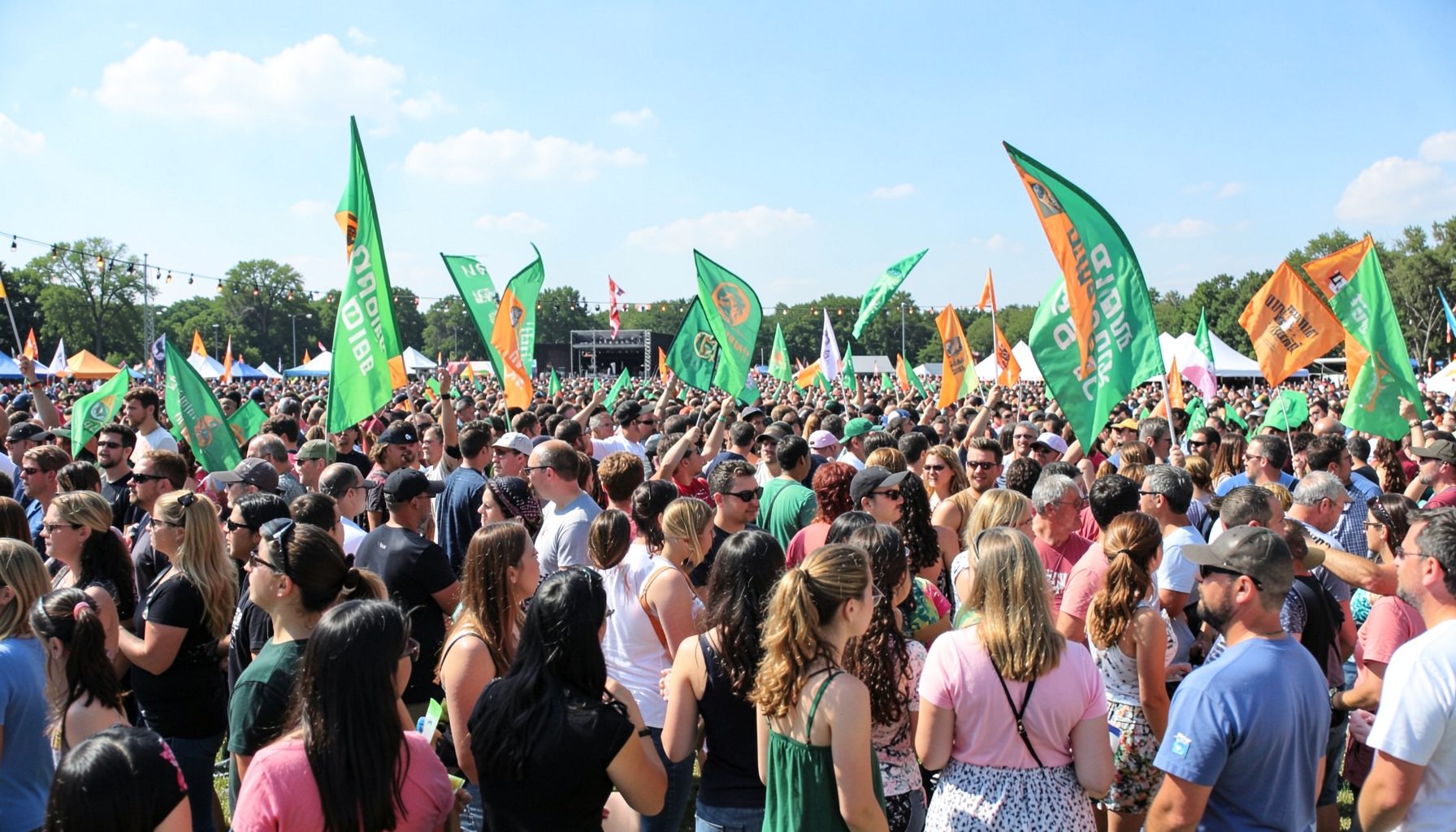 Outdoor festival crowd with green and orange banners, lively daytime atmosphere under a bright summer sky