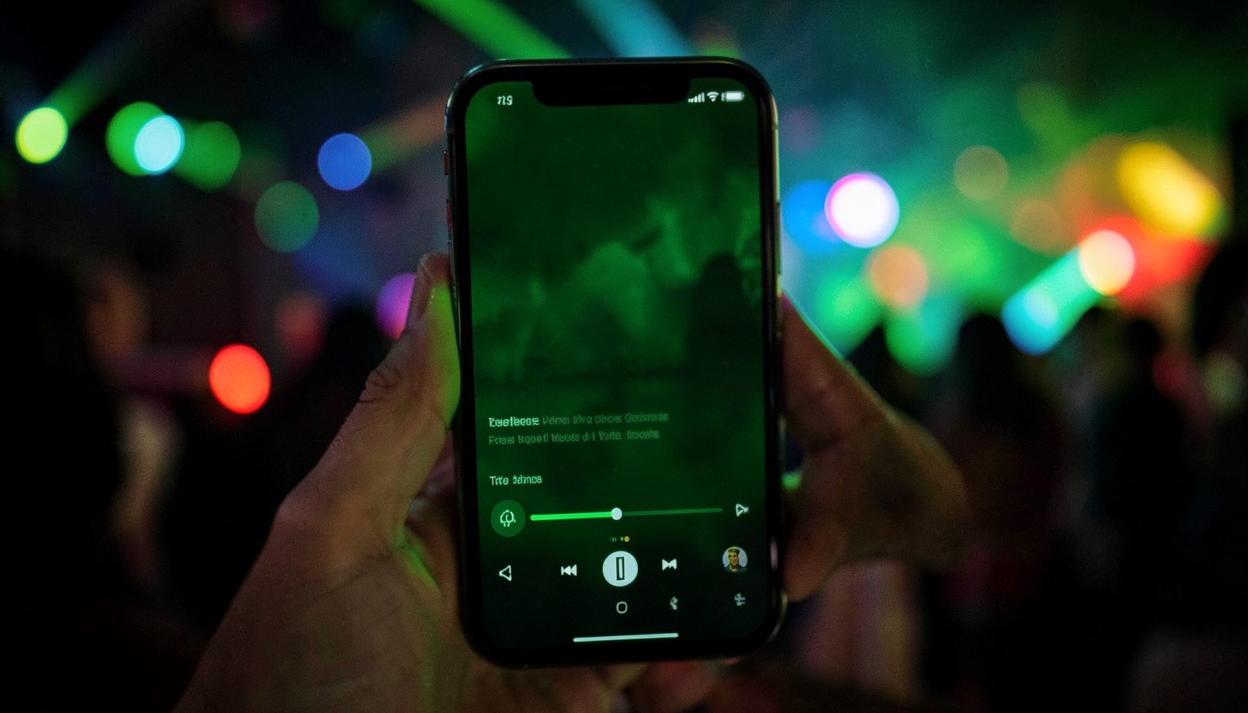 A smartphone screen glowing with vibrant green and dark tones, displaying a music player interface against a blurred background