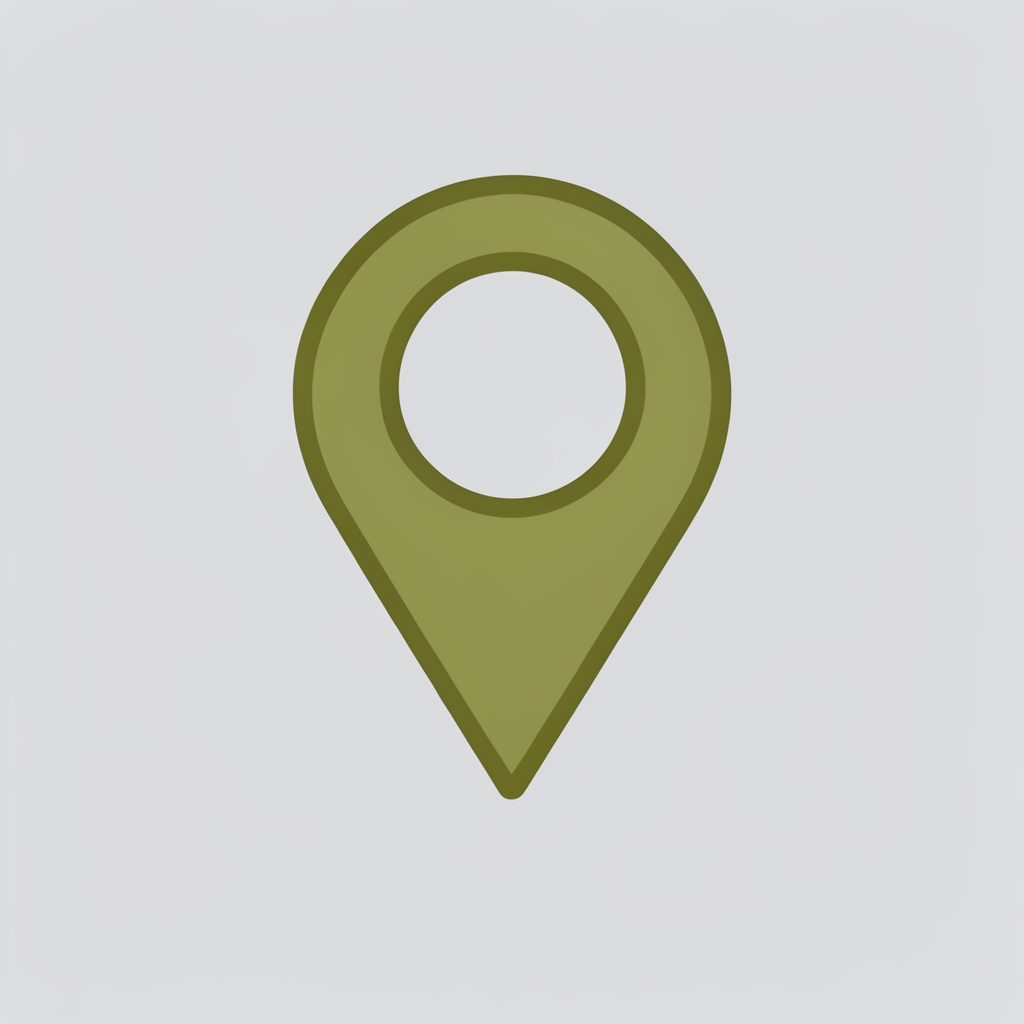Stylized map pin icon in olive green on light grey, clean line-art style