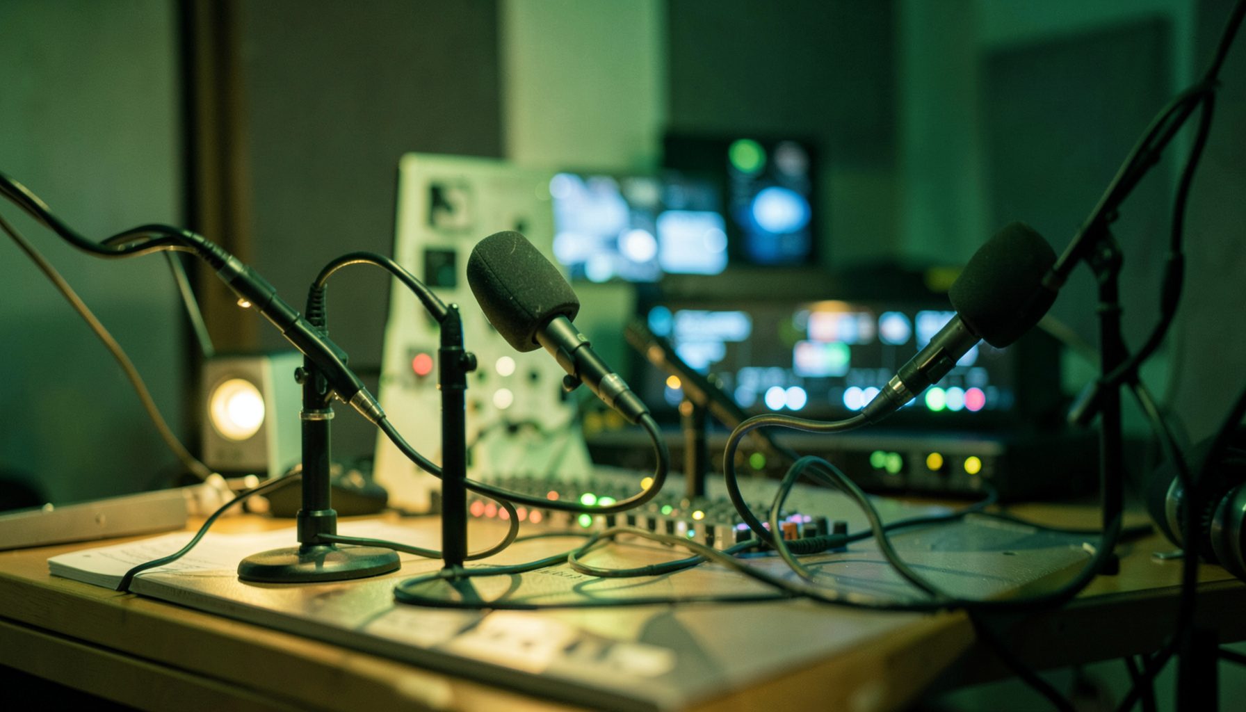 A warm, energetic studio scene with soft green and charcoal tones, broadcast microphones on a desk, and glowing audio equalizer lights